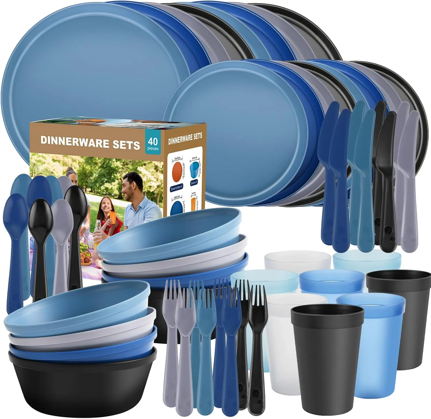 Modern Dinnerware Set – 40-Piece Plastic Plates and Bowls Set for 8, Reusable Unbreakable Dishes with Cups, Forks, Knives and Spoons, for Camping, Picnic or Daily Use