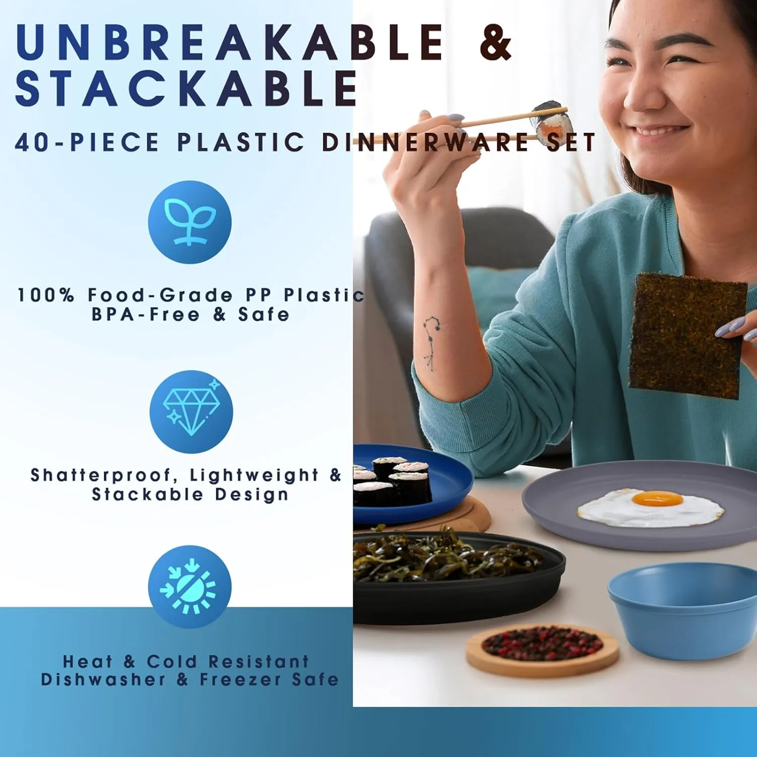 Modern Dinnerware Set – 40-Piece Plastic Plates and Bowls Set for 8, Reusable Unbreakable Dishes with Cups, Forks, Knives and Spoons, for Camping, Picnic or Daily Use