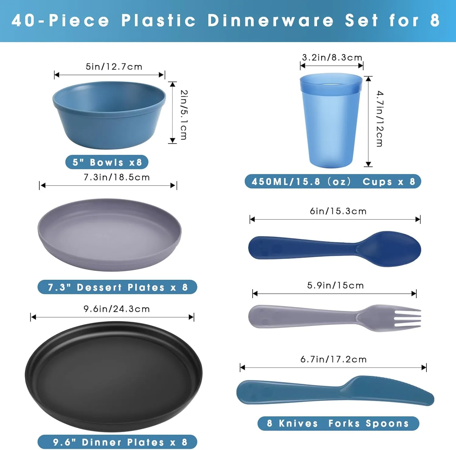 Modern Dinnerware Set – 40-Piece Plastic Plates and Bowls Set for 8, Reusable Unbreakable Dishes with Cups, Forks, Knives and Spoons, for Camping, Picnic or Daily Use