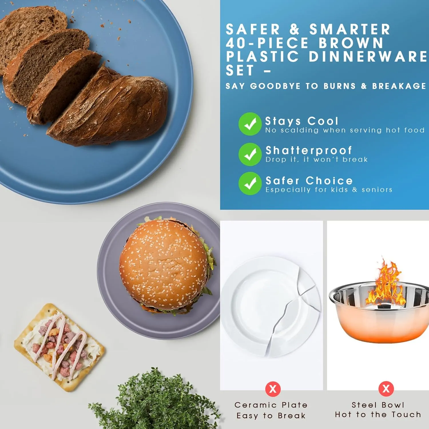 Modern Dinnerware Set – 40-Piece Plastic Plates and Bowls Set for 8, Reusable Unbreakable Dishes with Cups, Forks, Knives and Spoons, for Camping, Picnic or Daily Use