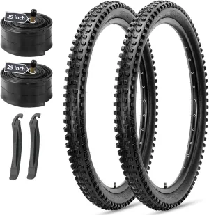 MOHEGIA Mountain Bike Tires Set: 2 Pack 26x2.4/27.5x2.4/ 29x2.4 Inch Folding Bicycle Tires Replacement and Pair 26/27.5/29 Inch Inner Tubes Schrader Valve with Tire Levers