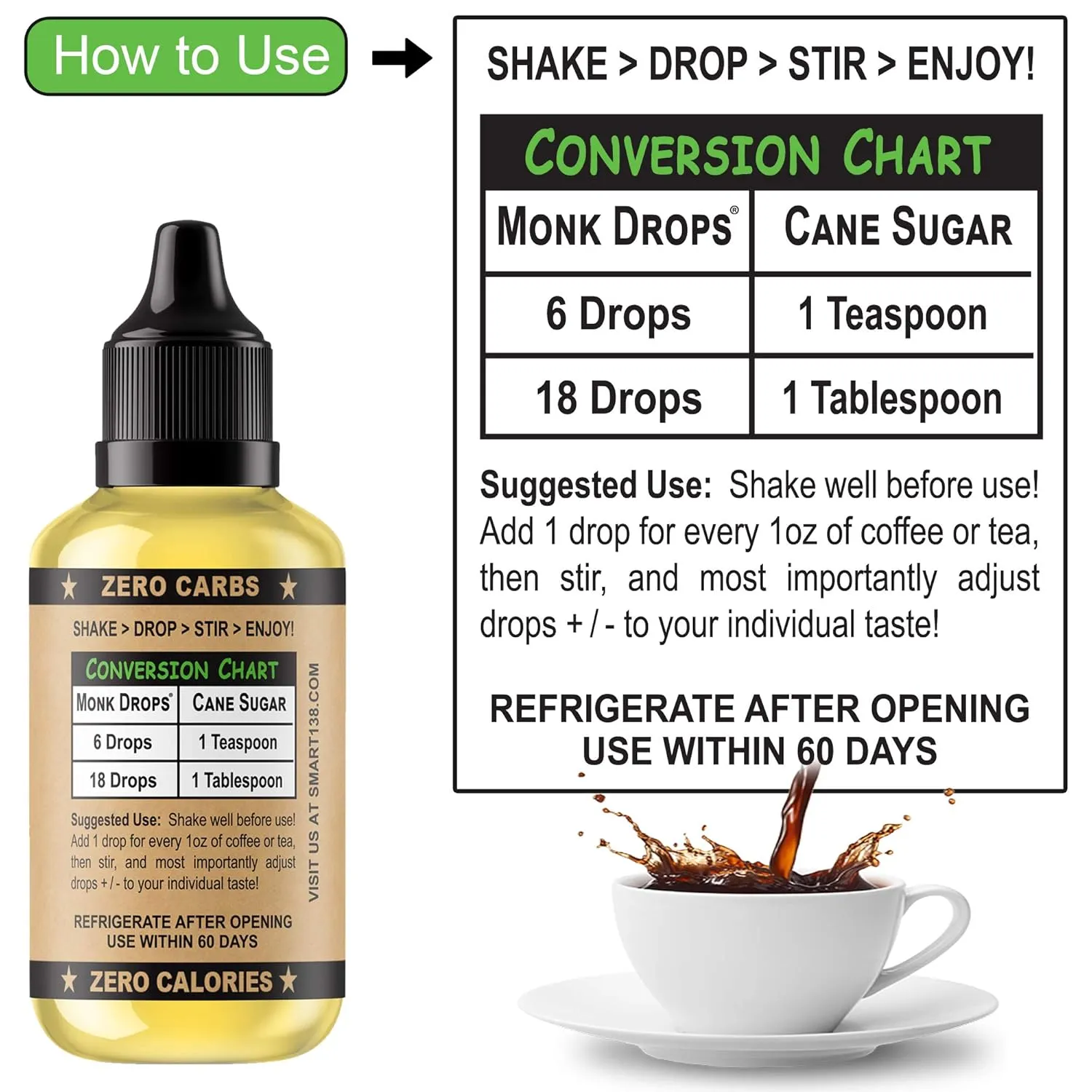 Monk Drops - 100% Monkfruit Liquid Sweetener, Zero Glycemic, Zero Calories, Zero Sugar, No Added Water, Concentrated Monk Fruit (350 Servings, 1.5 Fl Oz)