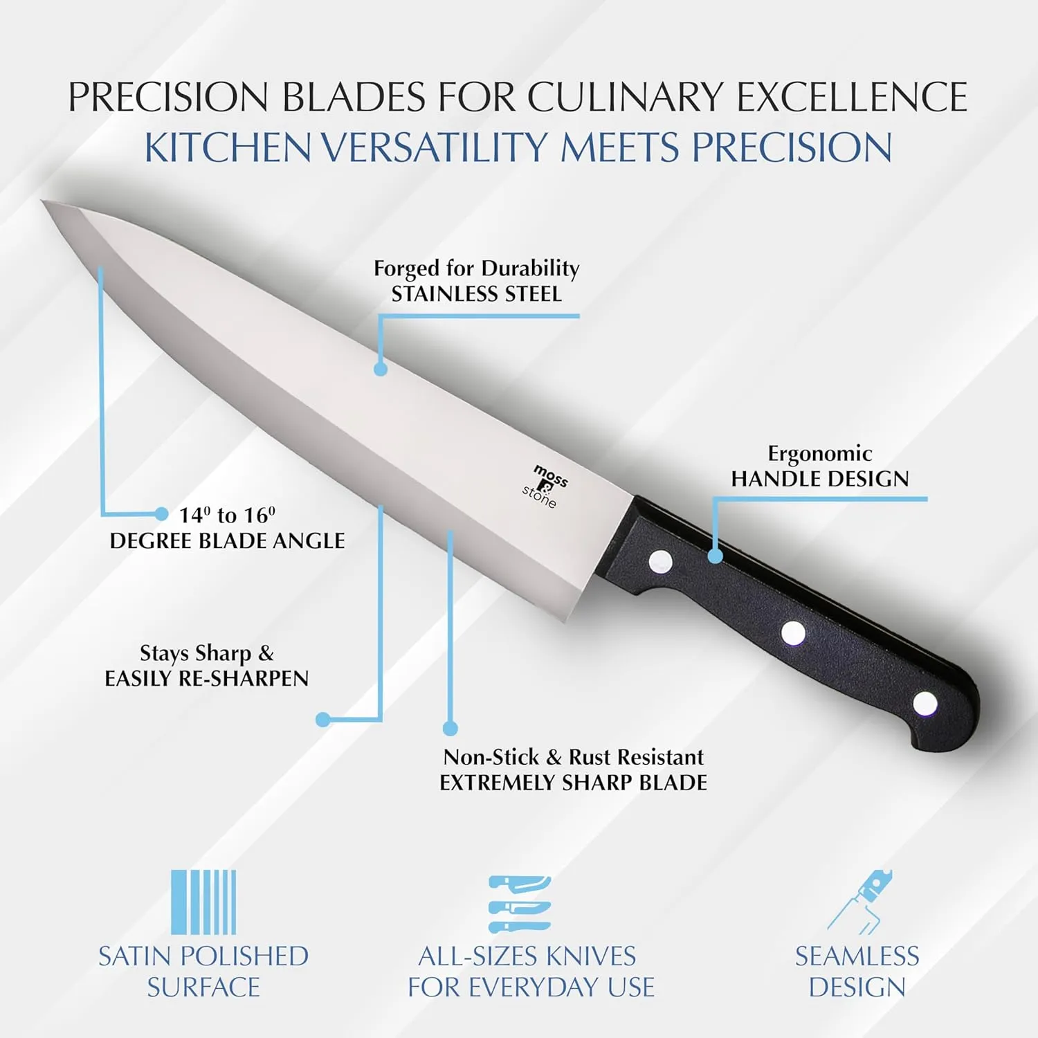 Moss & Stone 14-piece Knife Block Set, Stainless Steel Knife Set, Premium Kitchen knives Set With High-Carbon Stainless Steel Blades And Wooden Block Set, Cutlery Knife Set, 14 Pcs Kitchen Knife Set