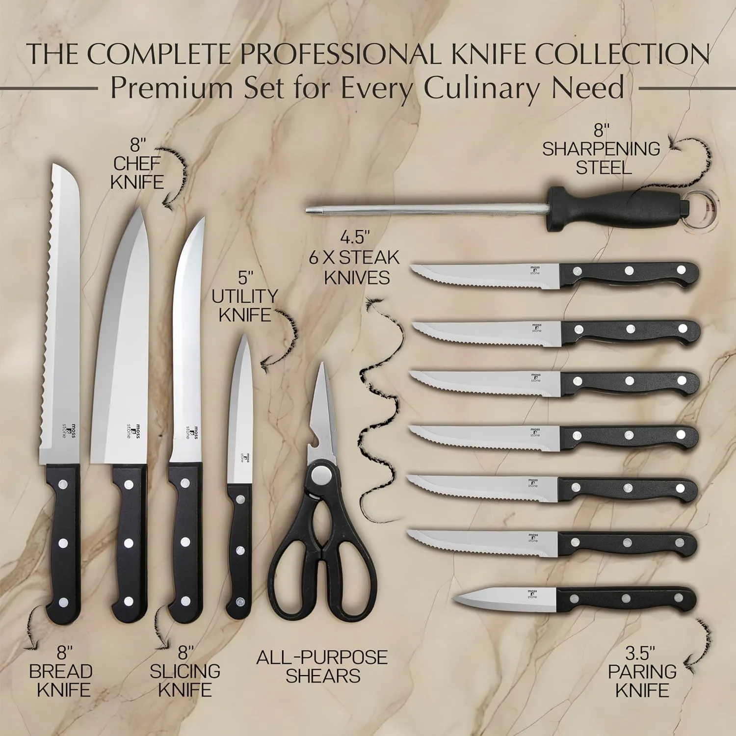 Moss & Stone 14-piece Knife Block Set, Stainless Steel Knife Set, Premium Kitchen knives Set With High-Carbon Stainless Steel Blades And Wooden Block Set, Cutlery Knife Set, 14 Pcs Kitchen Knife Set
