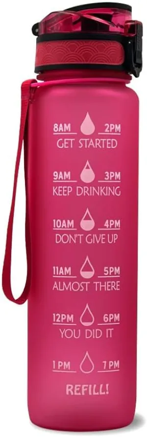 Motivational Water Bottle, Large capacity 32oz/1L, BPA-Free, Push Button Open, Removable Strainer, Easy Carry Handle (Red)-fba