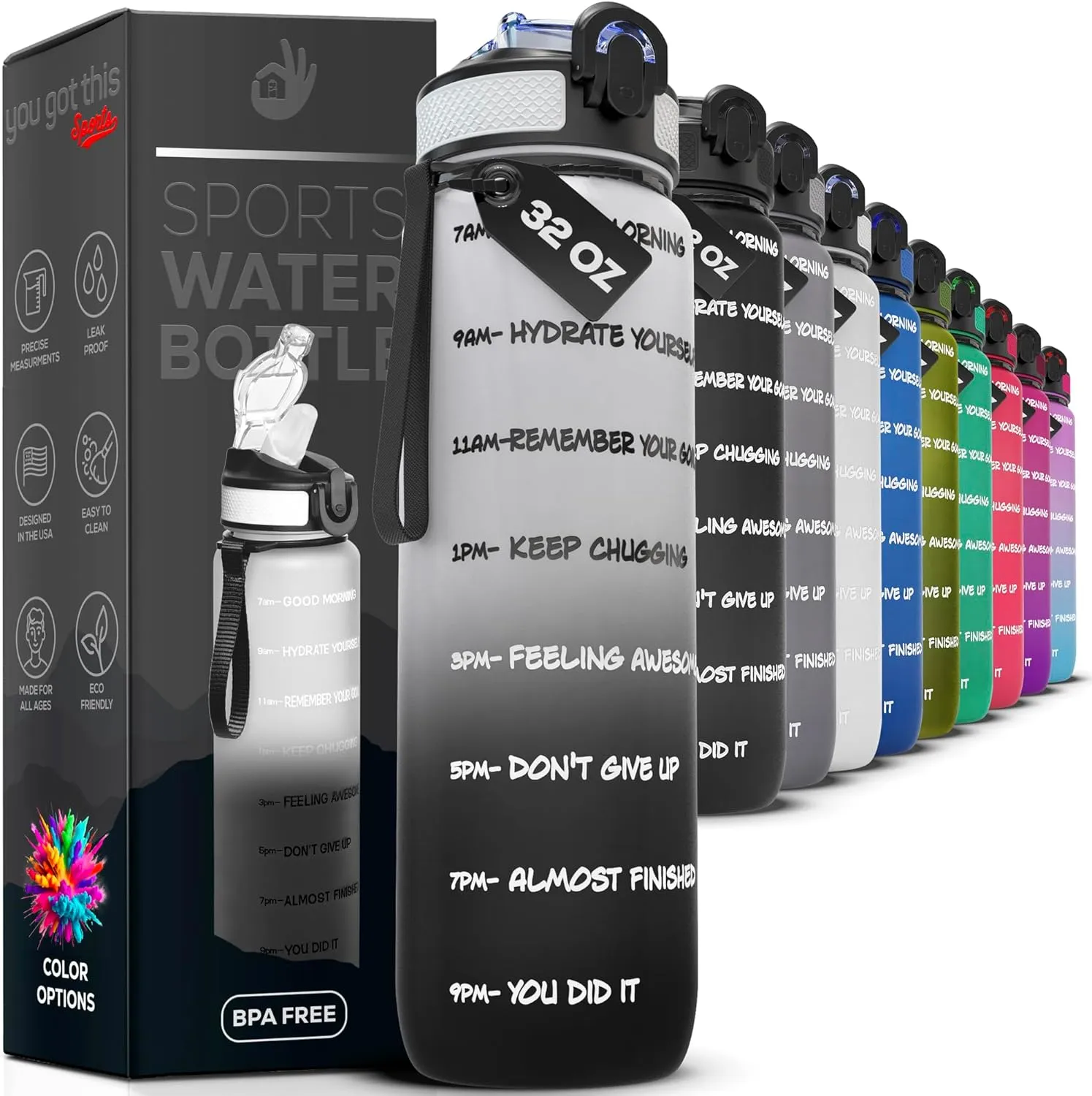 Motivational Water Bottle with Time Marker, 32 oz Water Bottle, Sports Water Bottle with Spout, Achieve All-Day Hydration SpillProof, BPA FREE