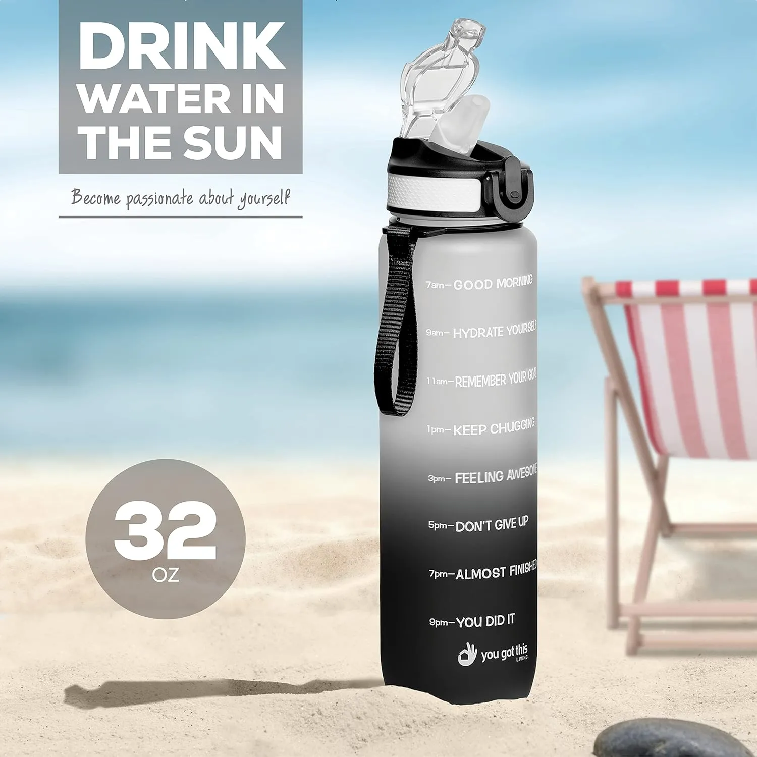 Motivational Water Bottle with Time Marker, 32 oz Water Bottle, Sports Water Bottle with Spout, Achieve All-Day Hydration SpillProof, BPA FREE
