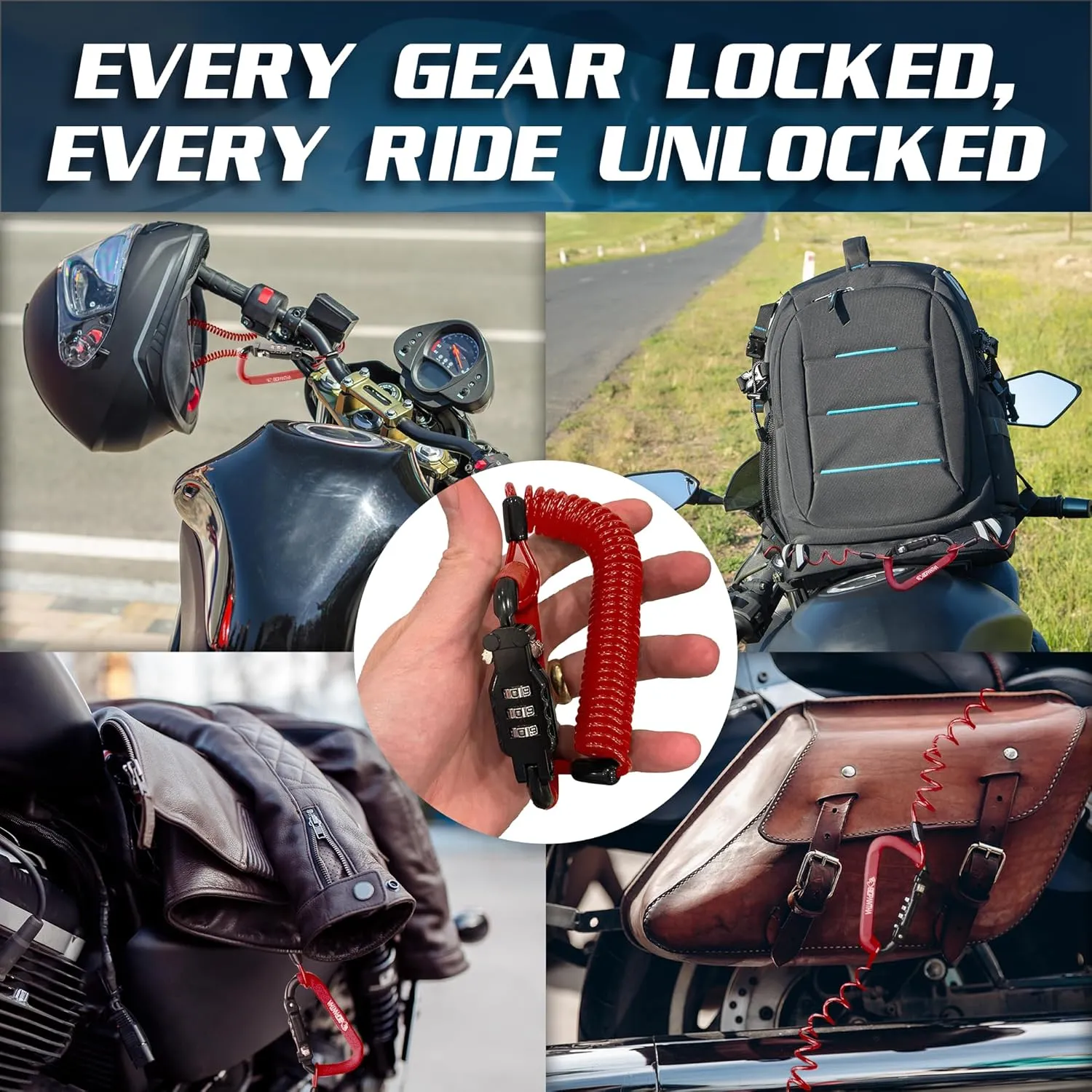 Motorcycle Helmet Lock & Security Cable - Red Carabiner Combination Lock Secures Your Helmet, Jacket, Gloves, or Bag - Helmet Lock with Free Carry Pouch & a Small Flashlight