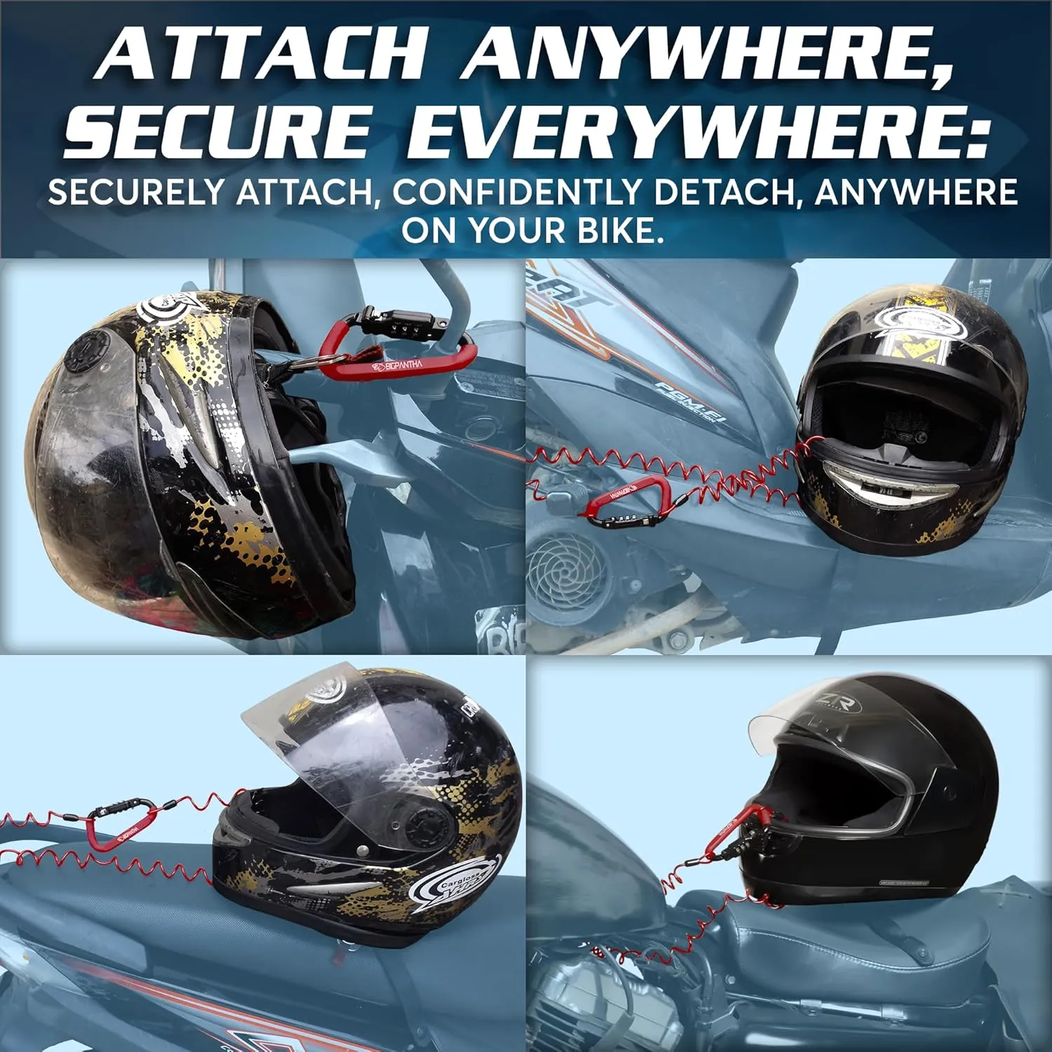 Motorcycle Helmet Lock & Security Cable - Red Carabiner Combination Lock Secures Your Helmet, Jacket, Gloves, or Bag - Helmet Lock with Free Carry Pouch & a Small Flashlight