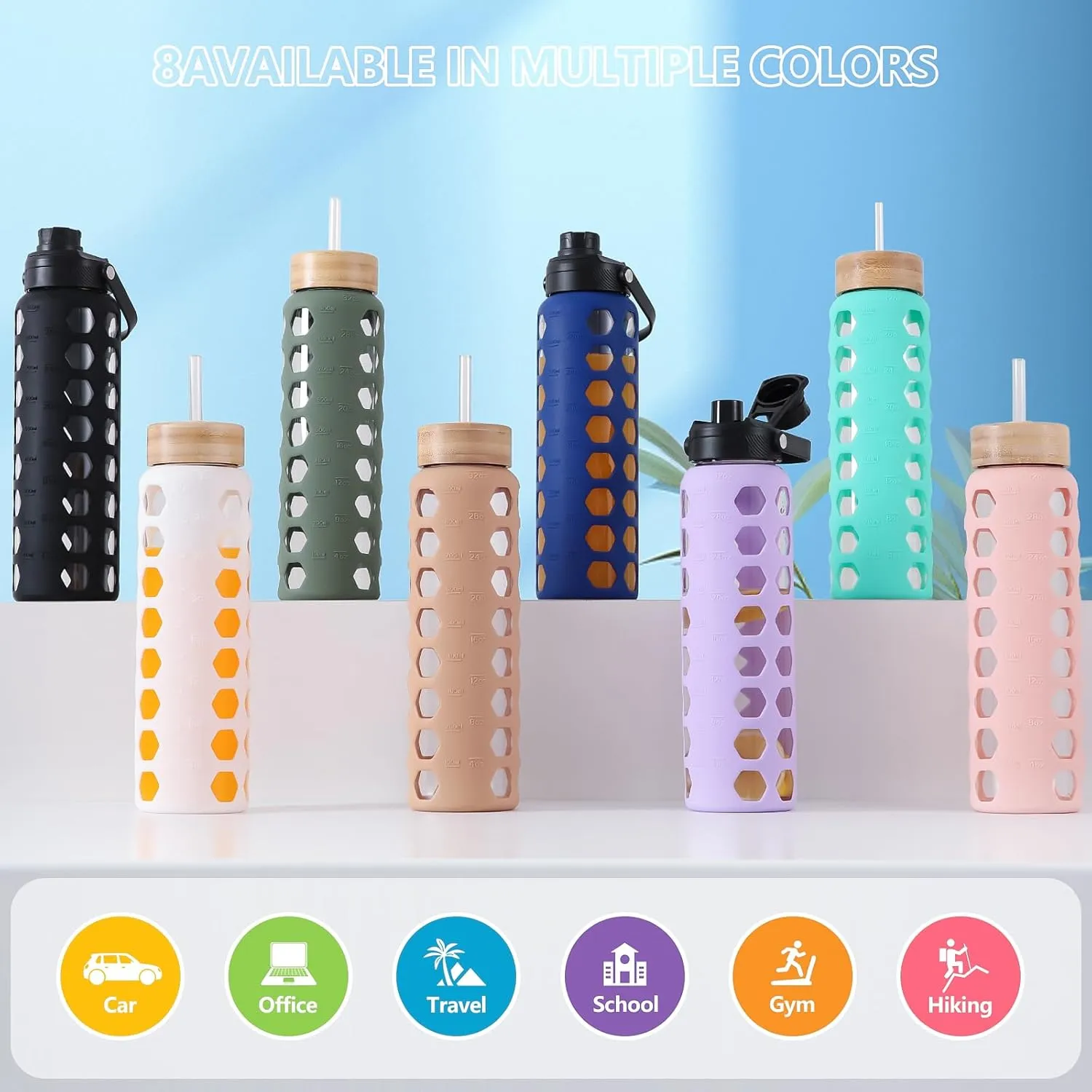 MUKOKO Glass Water Bottles, 32oz Glass Tumbler with Straw, Drinking Bottles with 2 Lids-Handle Spout Lid&Bamboo Straw Lid, Motivational Water Bottle with Time Marker and Silicone Sleeve, 1 Pack-Amber