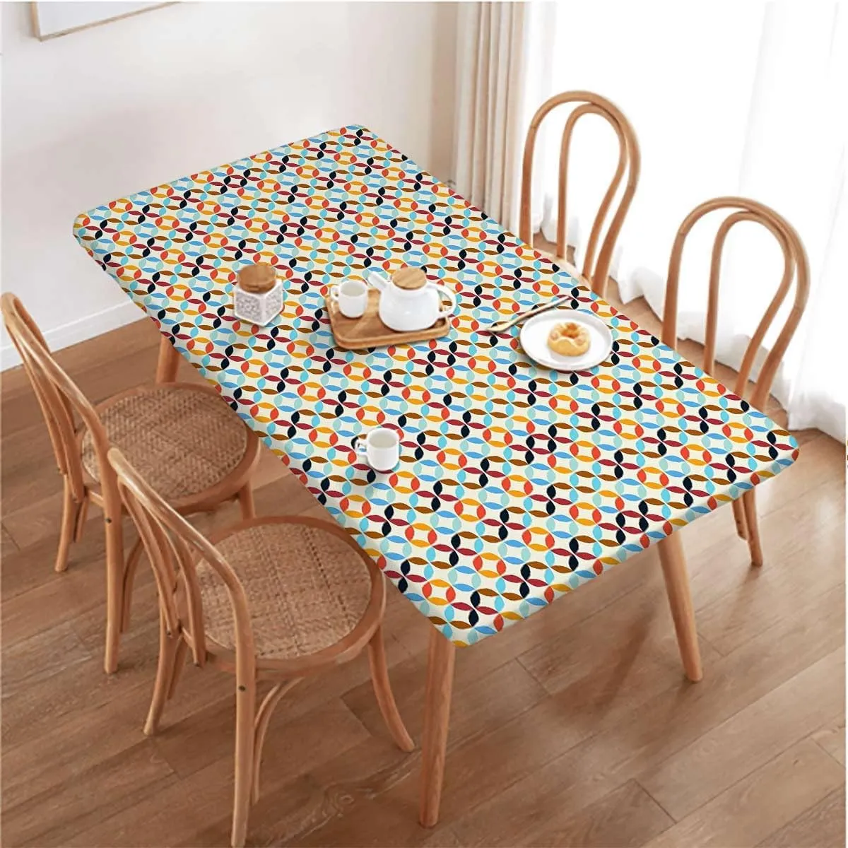 Multicolor Elastic Fitted Tablecloth Circle Dimensional Ring Forms Waterproof Spill-Easy to Wipe, Great for Picnic Party Outdoor Patio Geometric Fits up 5 Foot Tables