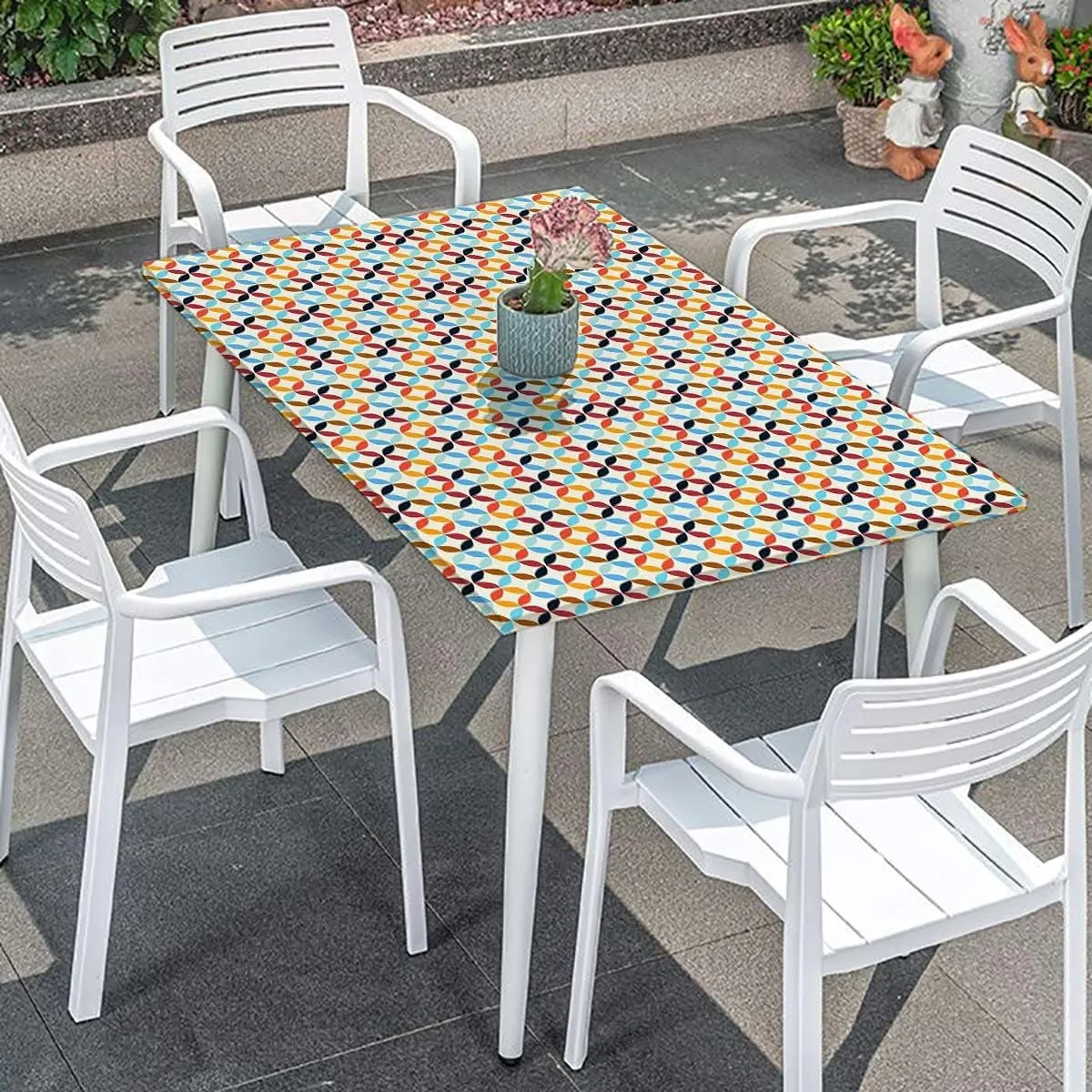 Multicolor Elastic Fitted Tablecloth Circle Dimensional Ring Forms Waterproof Spill-Easy to Wipe, Great for Picnic Party Outdoor Patio Geometric Fits up 5 Foot Tables