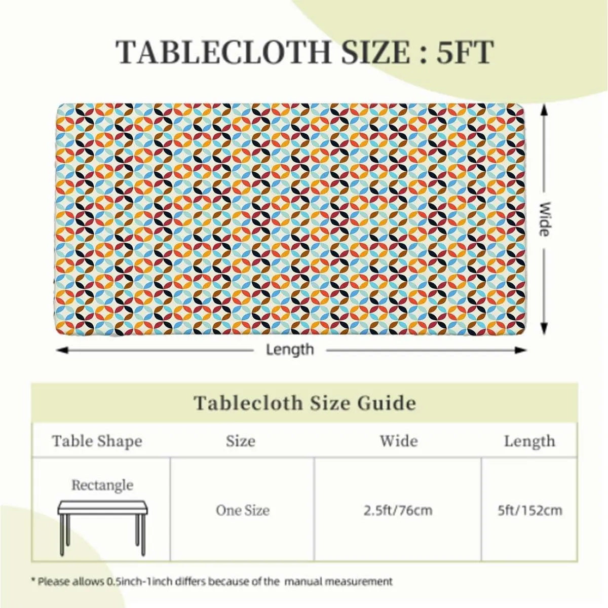 Multicolor Elastic Fitted Tablecloth Circle Dimensional Ring Forms Waterproof Spill-Easy to Wipe, Great for Picnic Party Outdoor Patio Geometric Fits up 5 Foot Tables