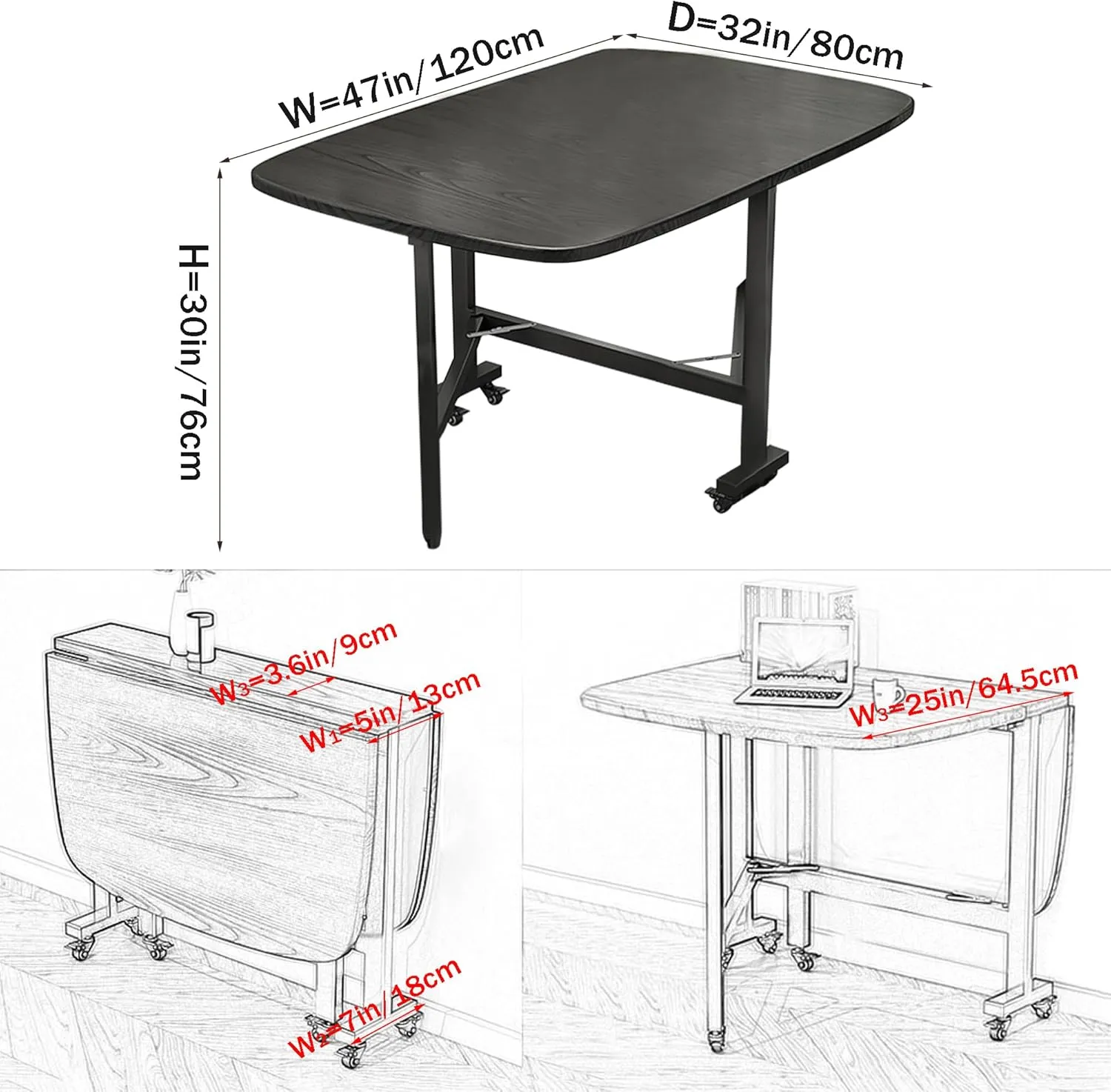 Multifunction Table Drop Leaf Dining Table - 47" Wooden Foldable Kitchen Table with 6 Wheels (Black)