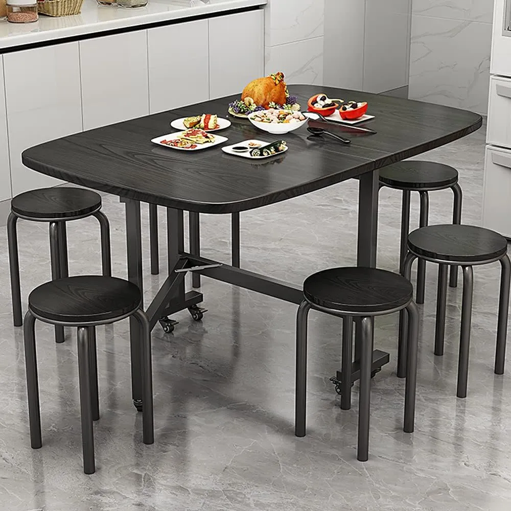 Multifunction Table Drop Leaf Dining Table - 47" Wooden Foldable Kitchen Table with 6 Wheels (Black)
