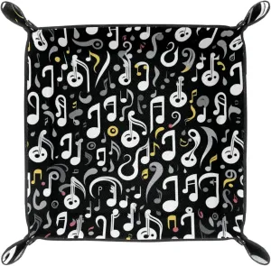 Music Symbol Pattern Microfiber Leather Dice Trays Folding for RPG DND Table Games, Leather Dice Holder Storage Box Portable Folding Rolling Dice Tray, 16x16cm