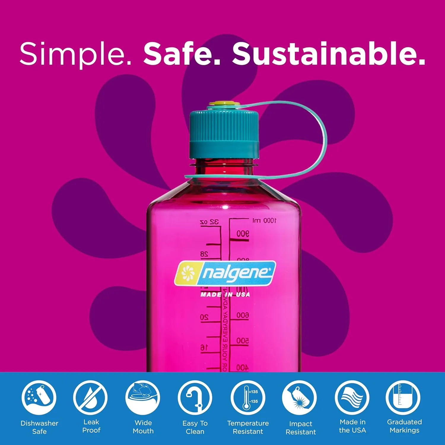 Nalgene Sustain Tritan BPA-Free Water Bottle Made with Material Derived from 50% Plastic Waste, 32 OZ, Narrow Mouth, Eggplant