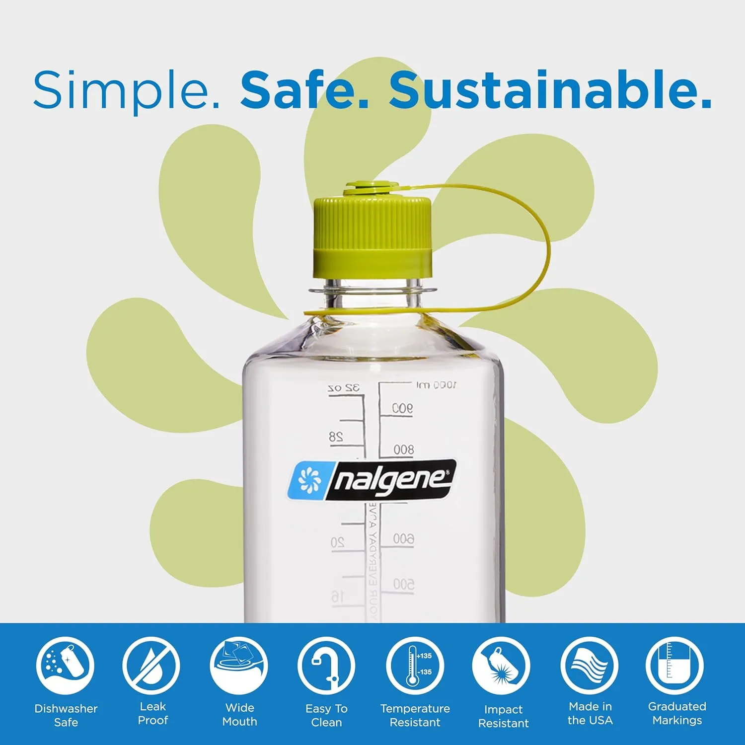 Nalgene Sustain Tritan BPA-Free Water Bottle Made with Material Derived from 50% Plastic Waste (using ISCC certified mass balance), 32 OZ, Narrow Mouth, Clear