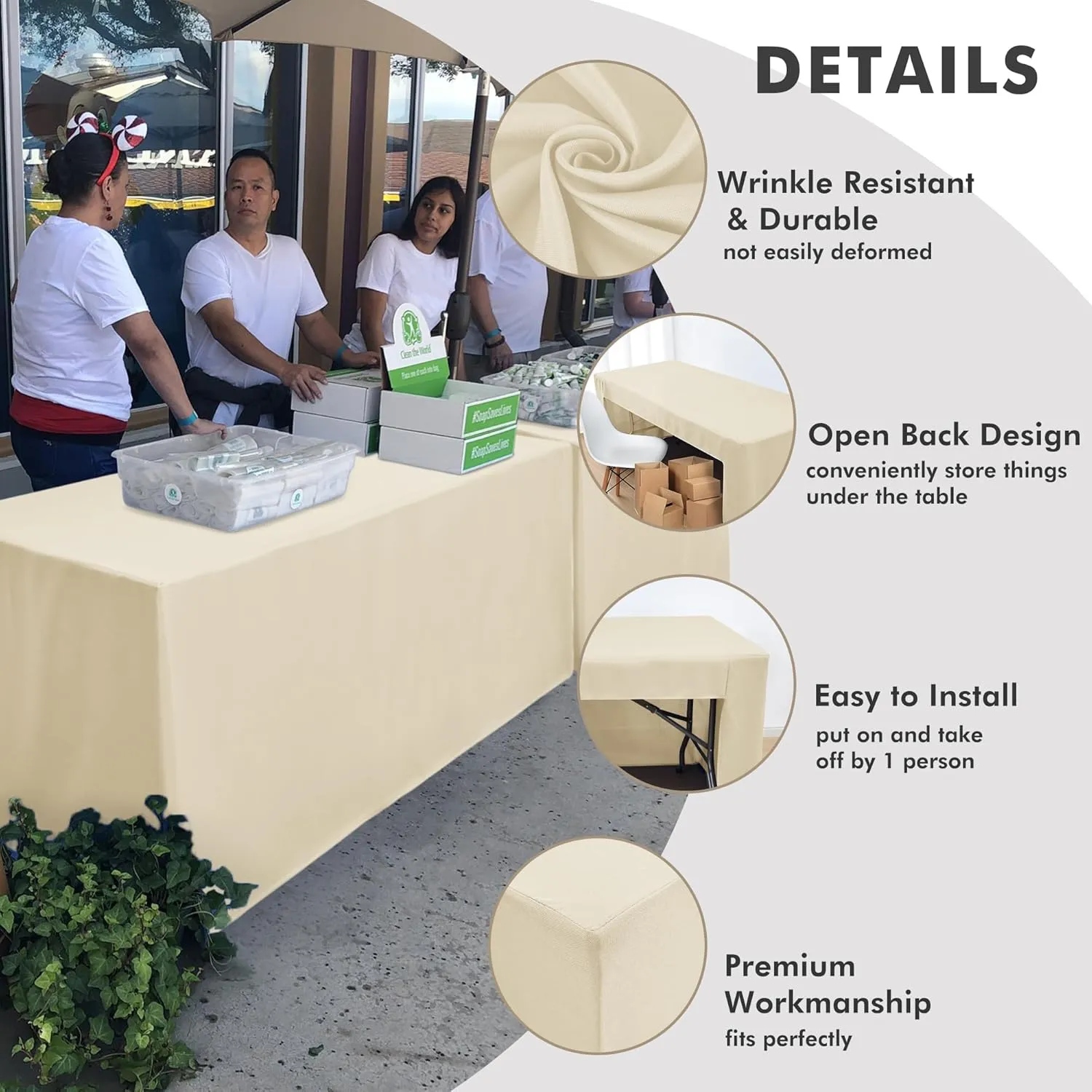 Nasitos 2 Pack Beige 6ft Table Cloth Fitted-Open Back Folding Fabric Table Cover Washable Table Cloth for Rectangular Table, Trade Show, Parties, Wedding, Banquet, Buffet, Jewelry Shows, Craft Fair