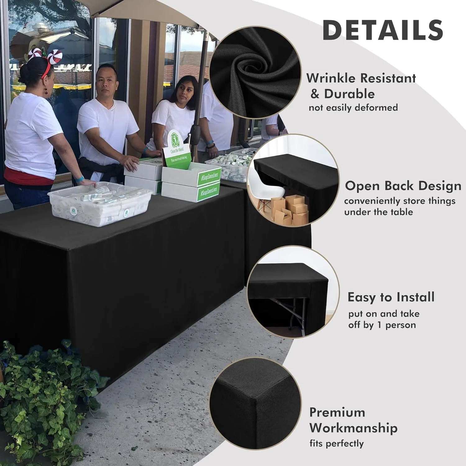 Nasitos 2 Pack Black Tablecloth for 8FT Trade Show Table Covers-Open Back Folding Tablecloths Washable Fabric and Wrinkle Resistant Table Covers for Craft Show, Display Table, Parties, Birthday