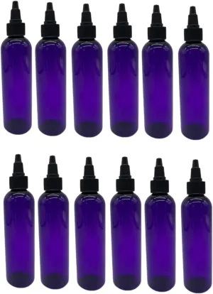 Natural Farms 4 oz Plastic Purple Cosmo BPA FREE Bottles - 12 Pack Empty Refillable Containers - Essential Oils - Hair - Aromatherapy - Black Twist Open/Close Cap - Made in the USA