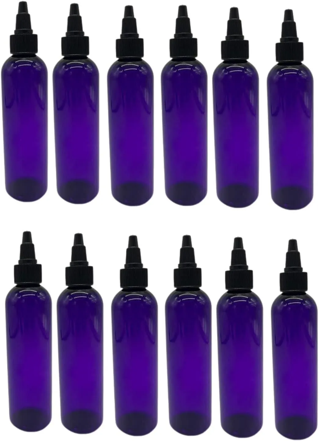 Natural Farms 4 oz Plastic Purple Cosmo BPA FREE Bottles - 12 Pack Empty Refillable Containers - Essential Oils - Hair - Aromatherapy - Black Twist Open/Close Cap - Made in the USA