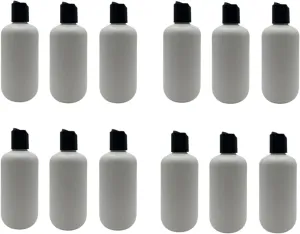 Natural Farms 8 oz White Boston Plastic Bottles -12 Pack Empty Bottle Refillable - BPA Free - Essential Oils - Aromatherapy | Black Press Down Disc Cap - Made in the USA