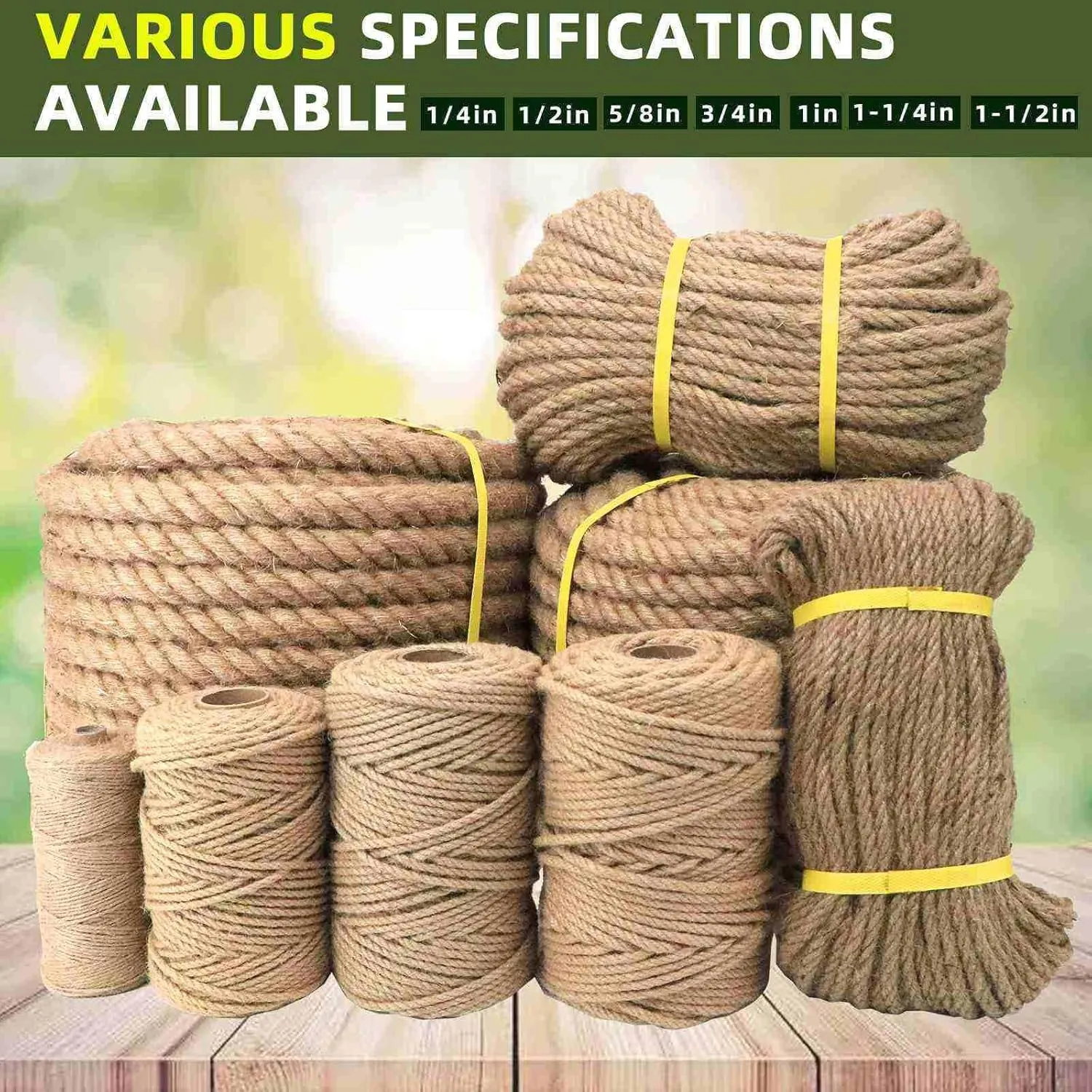 Natural Jute Rope ，Hemp Rope for Crafts,Decorating,Gardening, Bundling,Camping,Cat Scratching Post,Thick Hemp Rope 1/7 inch 1/4 inch 1/2 inch 5/8 inch 3/4 inch 1 inch 1-1/4 inch (3/4INx98FT)