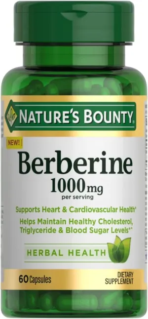Nature's Bounty Berberine Supplements,1000mg, Berberine Capsules for Blood Sugar Support, Cholesterol & Heart Health, 60 Count