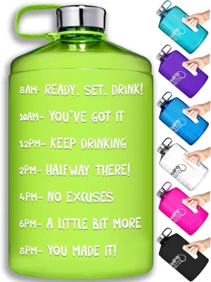 NatureWorks HydroMATE 1/2 Gallon Water Bottle with Times to Drink BPA Free Leak Proof Reusable Jug with Handle 64 oz (Green)