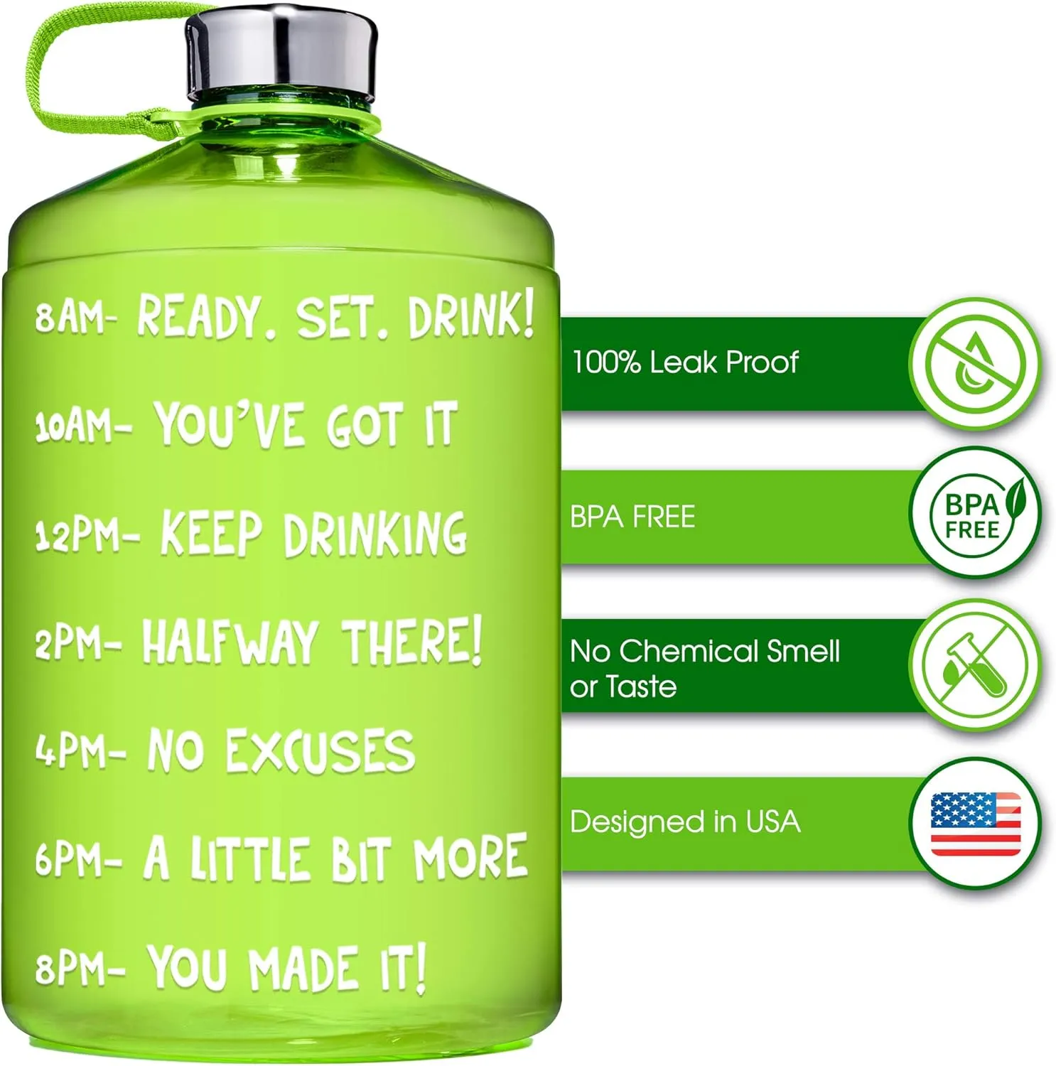 NatureWorks HydroMATE 1/2 Gallon Water Bottle with Times to Drink BPA Free Leak Proof Reusable Jug with Handle 64 oz (Green)