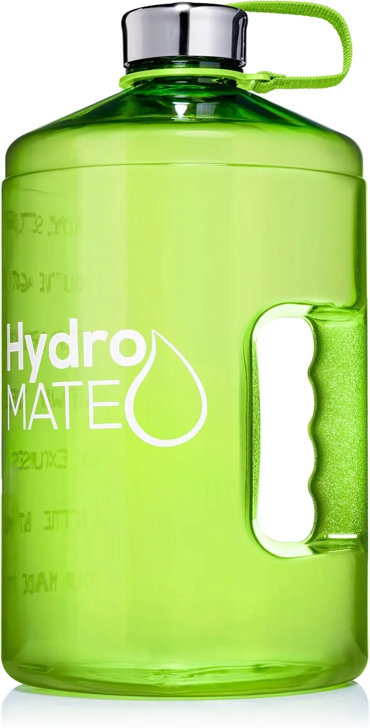 NatureWorks HydroMATE 1/2 Gallon Water Bottle with Times to Drink BPA Free Leak Proof Reusable Jug with Handle 64 oz (Green)