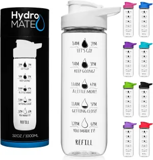 NatureWorks HydroMATE 32oz Motivational Water Bottle with Time Marker Large BPA Free Jug with Handle Reusable Leak Proof Bottle Time Marked Drink More Water Daily Hydro MATE 1 Liter