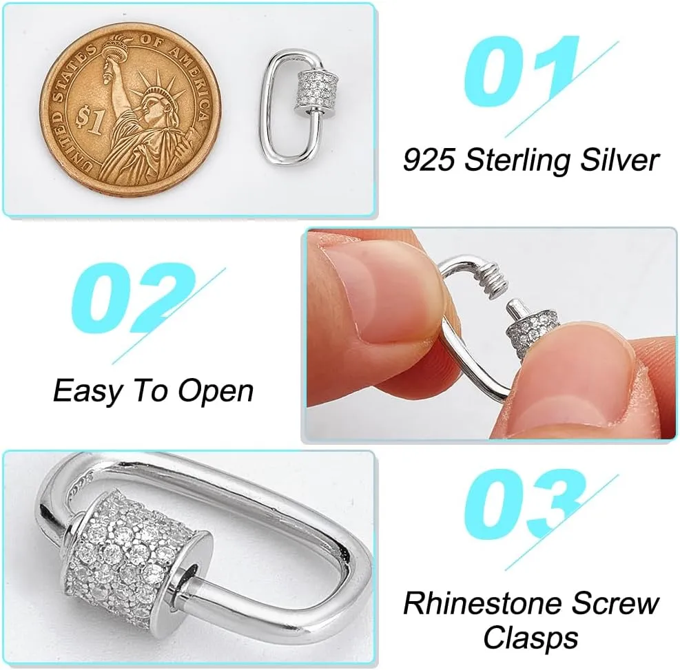 NBEADS 925 Sterling Silver Screw Carabiner Lock Clasps, 17.5x9.5mm Cubic Zirconia Keychain Lock Necklace Lock Clip for Jewelry Making Handbag DIY Accessory, Platinum