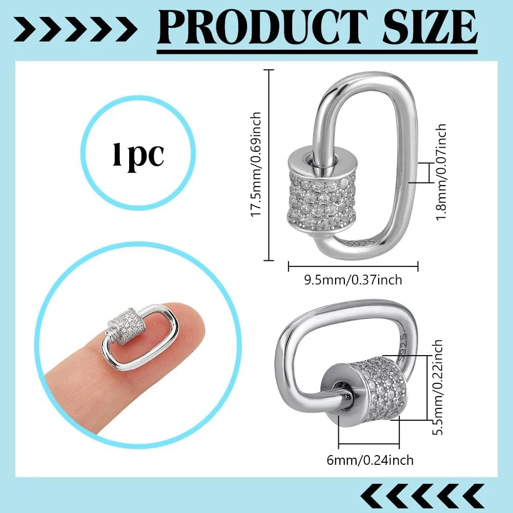 NBEADS 925 Sterling Silver Screw Carabiner Lock Clasps, 17.5x9.5mm Cubic Zirconia Keychain Lock Necklace Lock Clip for Jewelry Making Handbag DIY Accessory, Platinum