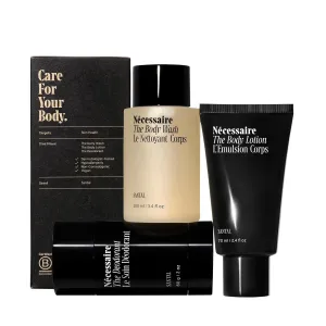 Nécessaire Body Essentials Set – Travel-Size Body Wash, Body Lotion   Deodorant | For Women   Men | Dermatologist-Tested. Hypoallergenic | Aluminum-Free Deodorant (2.5 Ounce (Pack of 1), Santal)
