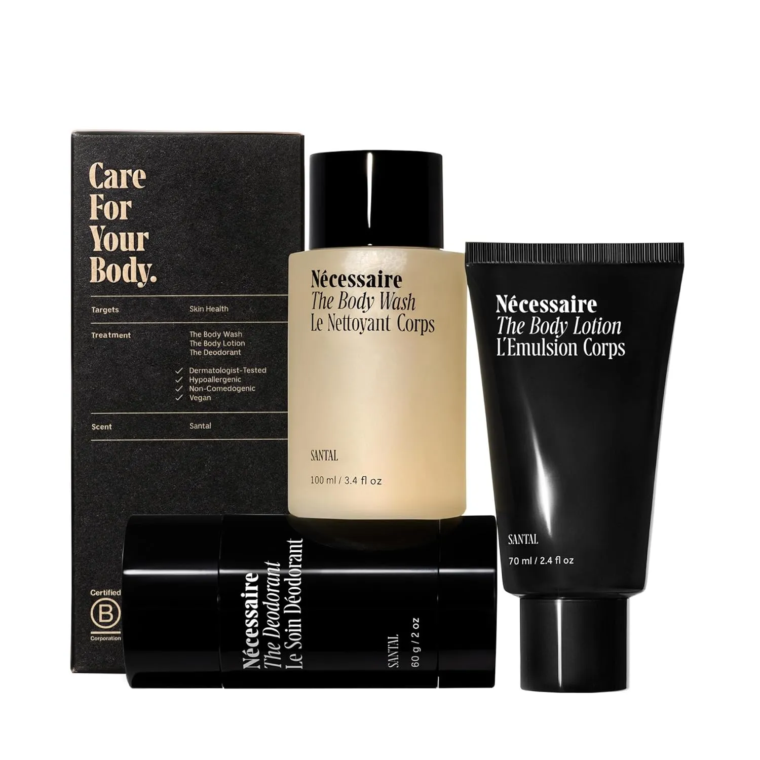Nécessaire Body Essentials Set – Travel-Size Body Wash, Body Lotion   Deodorant | For Women   Men | Dermatologist-Tested. Hypoallergenic | Aluminum-Free Deodorant (2.5 Ounce (Pack of 1), Santal)