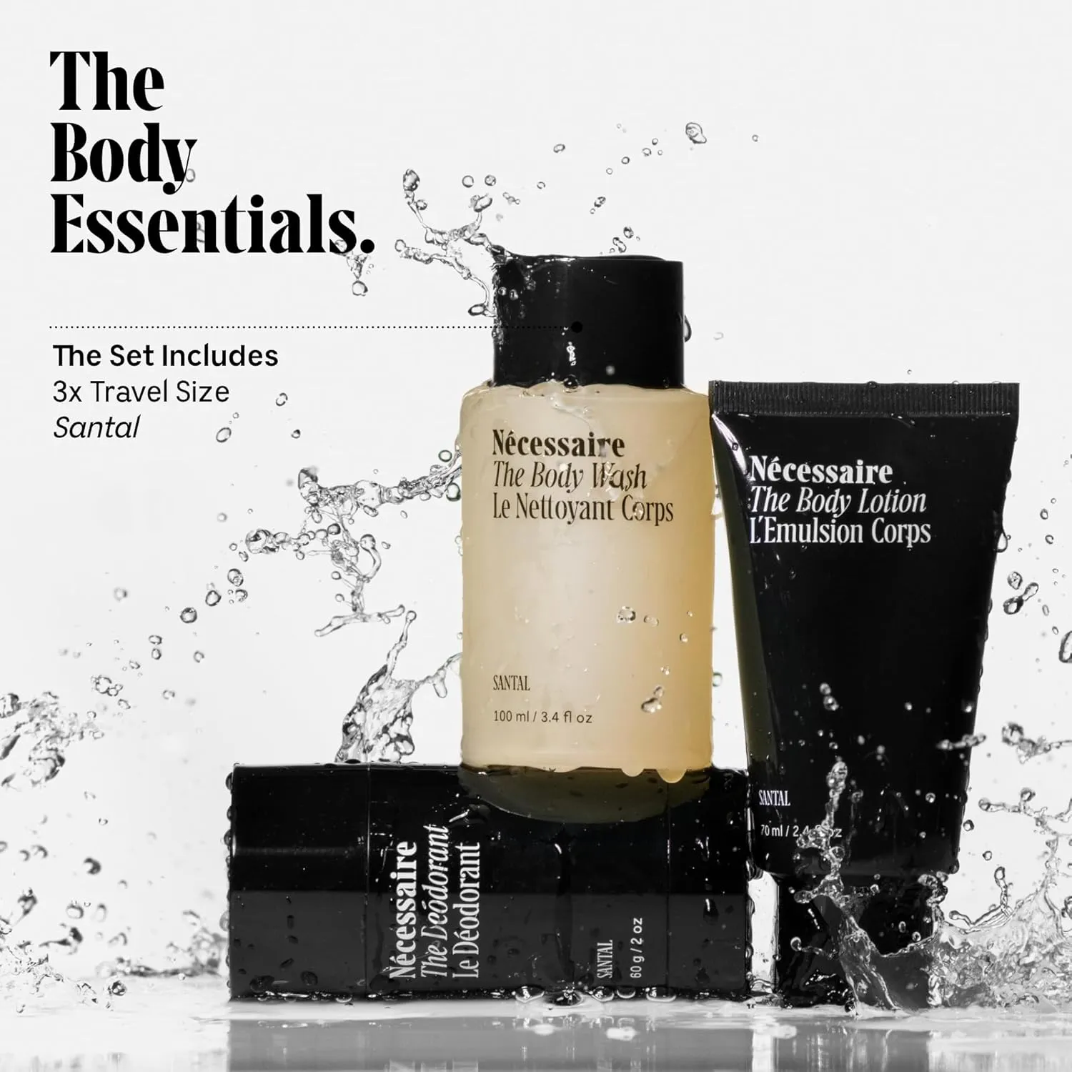 Nécessaire Body Essentials Set – Travel-Size Body Wash, Body Lotion   Deodorant | For Women   Men | Dermatologist-Tested. Hypoallergenic | Aluminum-Free Deodorant (2.5 Ounce (Pack of 1), Santal)
