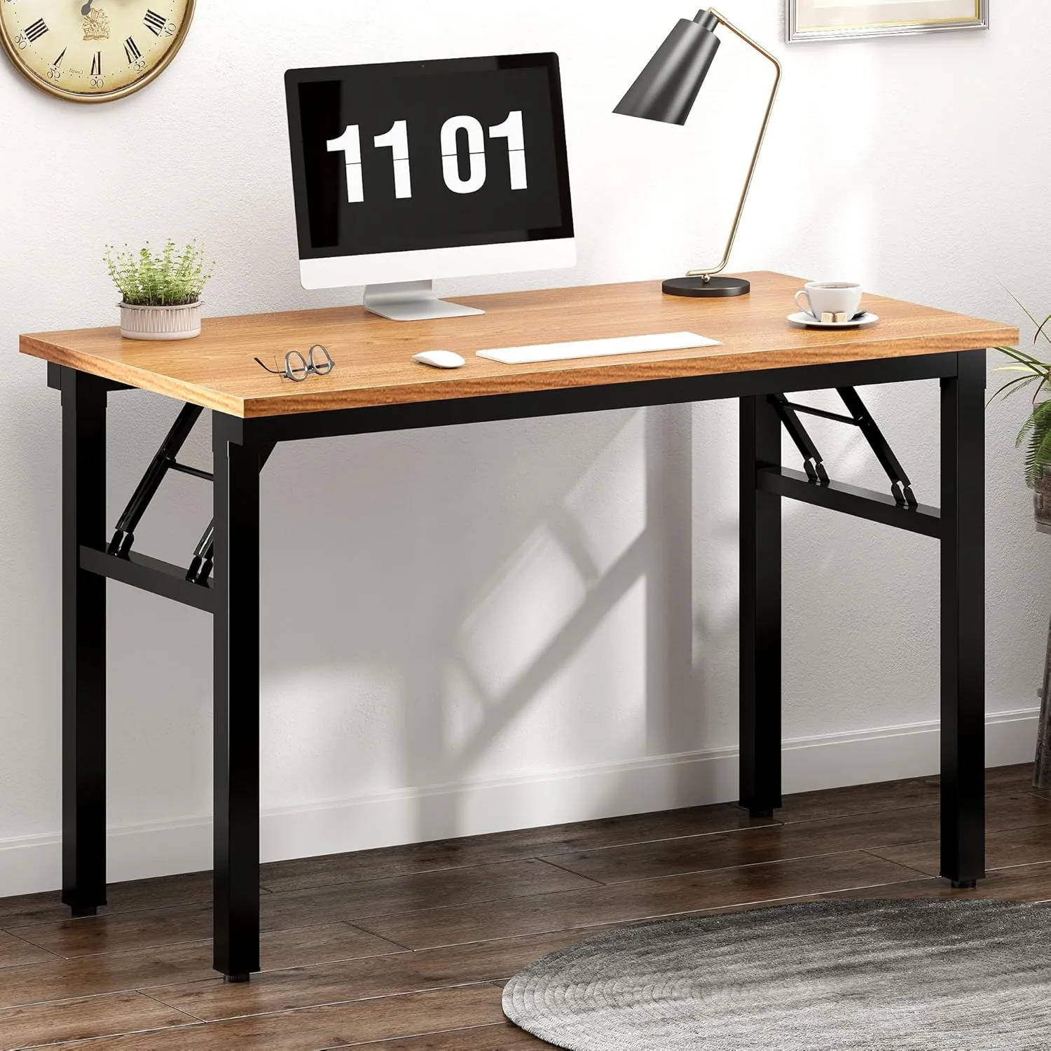 Need Folding Computer Desk - 39.4 Inch Foldable Office Writing Work Study Kids Student Teacher Home Bedroom Table for Small Space, Teak & Black