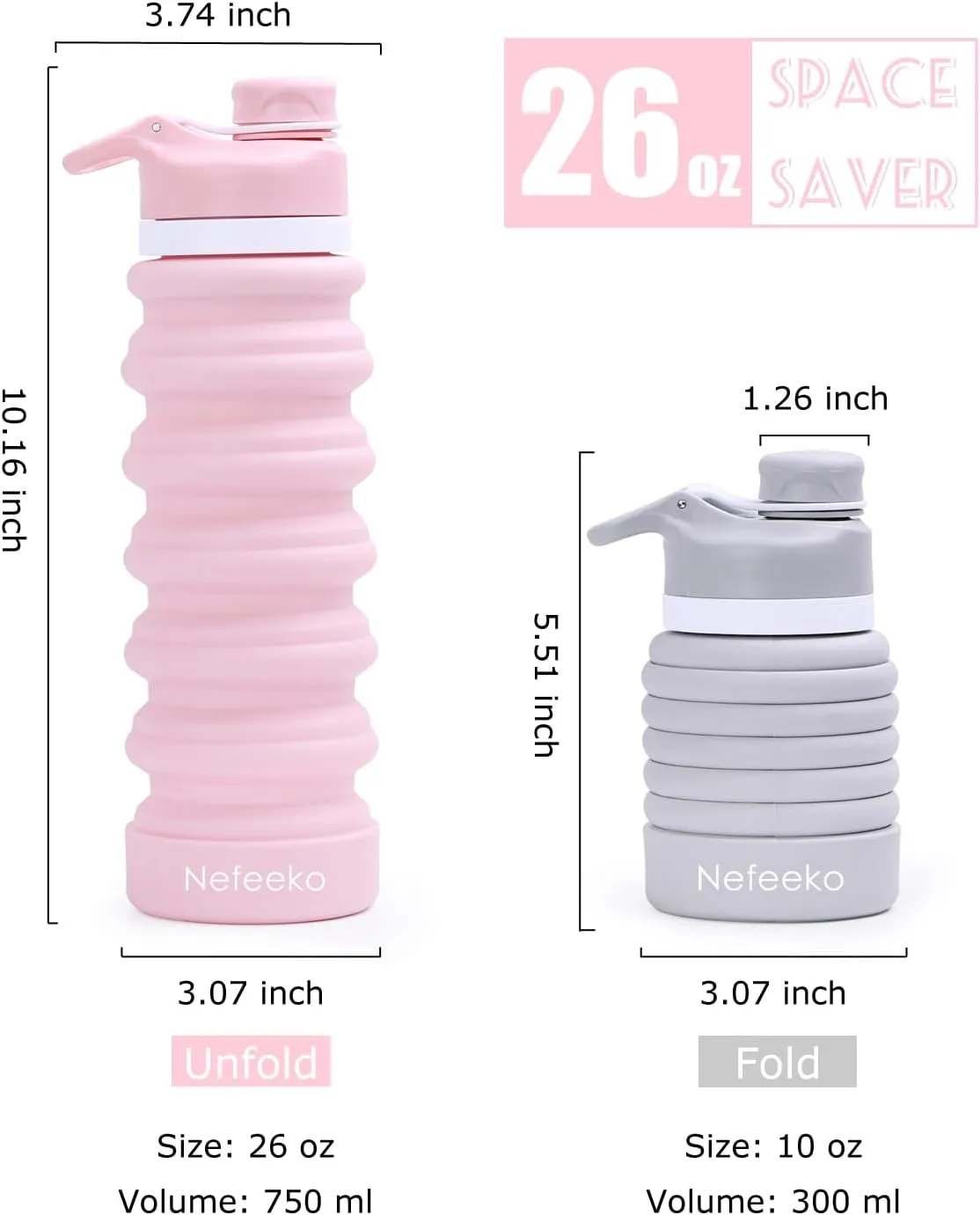 Nefeeko Collapsible Water Bottle, 26oz Silicone Foldable Water Bottles Leakproof BPA Free Travel Water Bottles with Carabiner, Portable Sport Water Bottles for Camping,Hiking Outdoor Indoor Sport