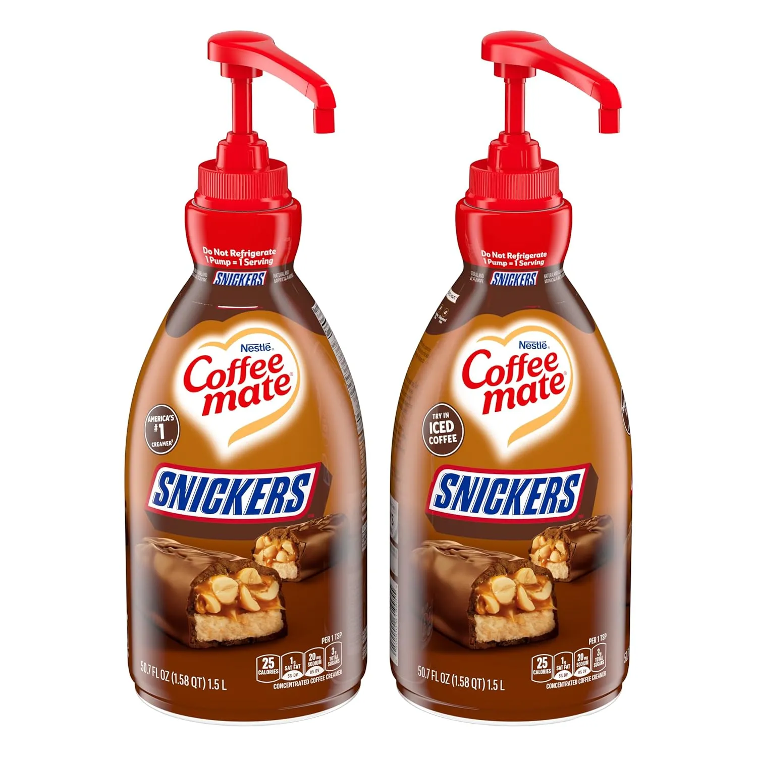 Nestle Coffee mate Coffee Creamer, Snickers, Concentrated Liquid Pump Bottle, Non Dairy, No Refrigeration, 50.7 fl oz (Pack of 2)