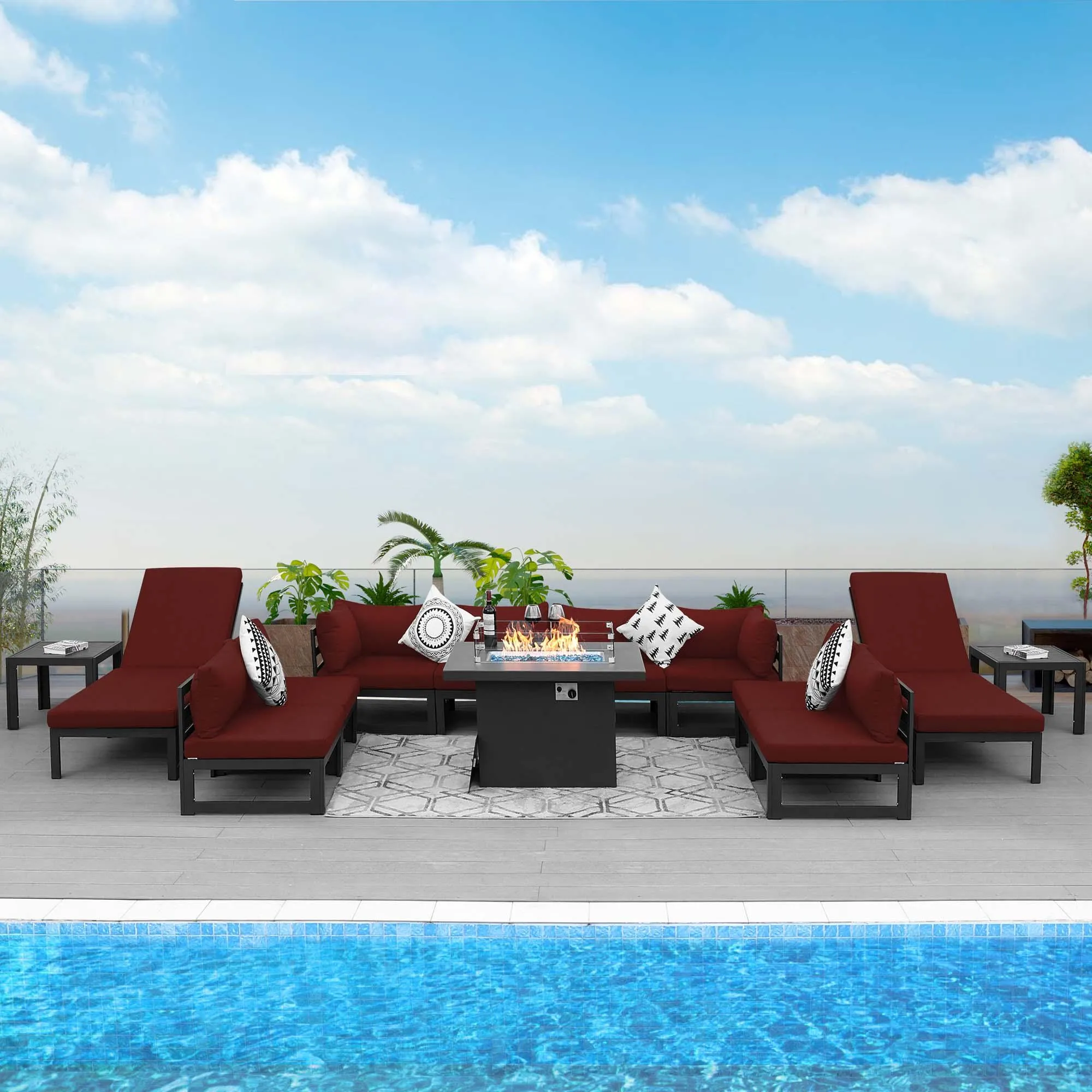 NICESOUL Aluminum Patio Sofa with Fire Pit, Chaise Lounge, Table 10 Seater 13-Piece