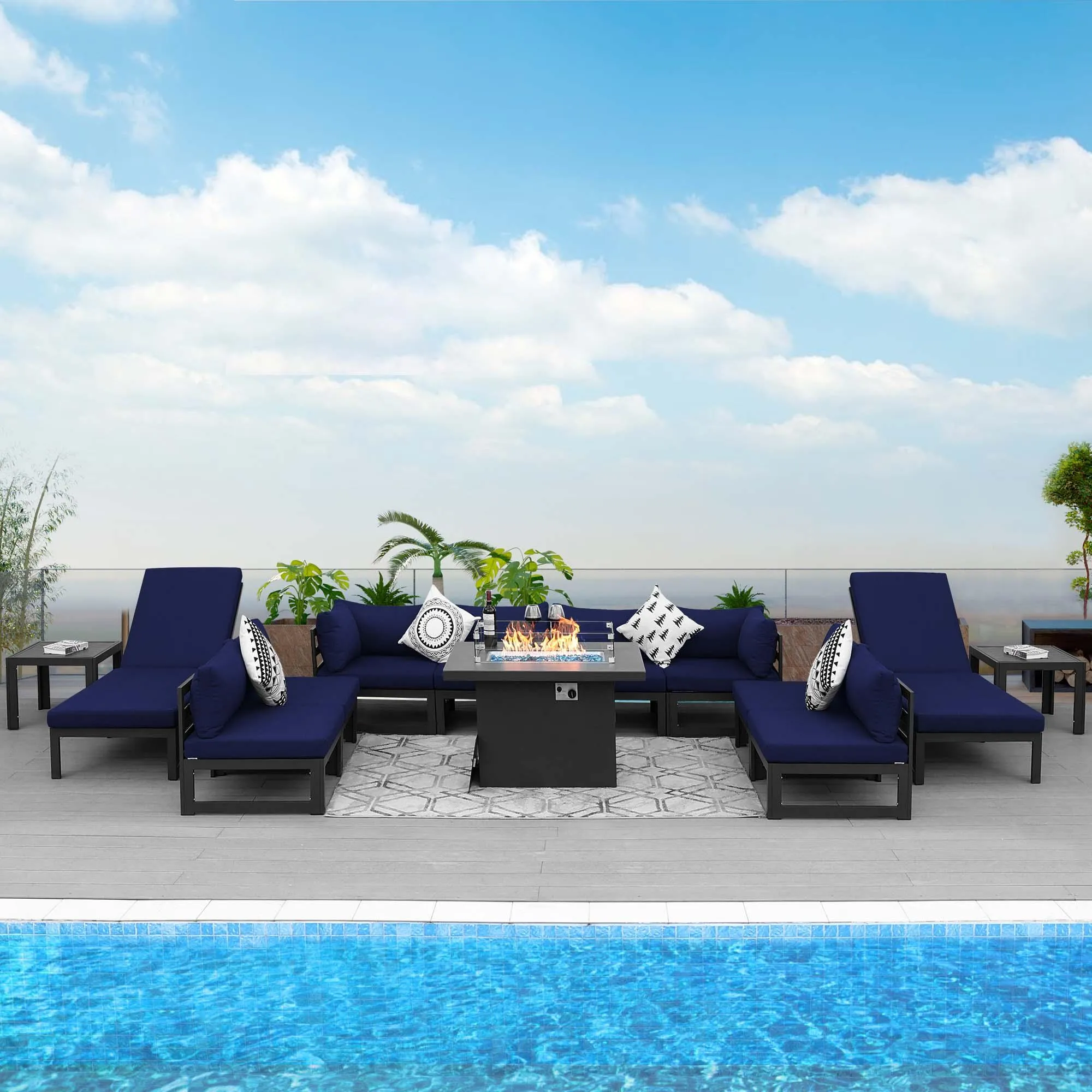 NICESOUL Aluminum Patio Sofa with Fire Pit, Chaise Lounge, Table 10 Seater 13-Piece