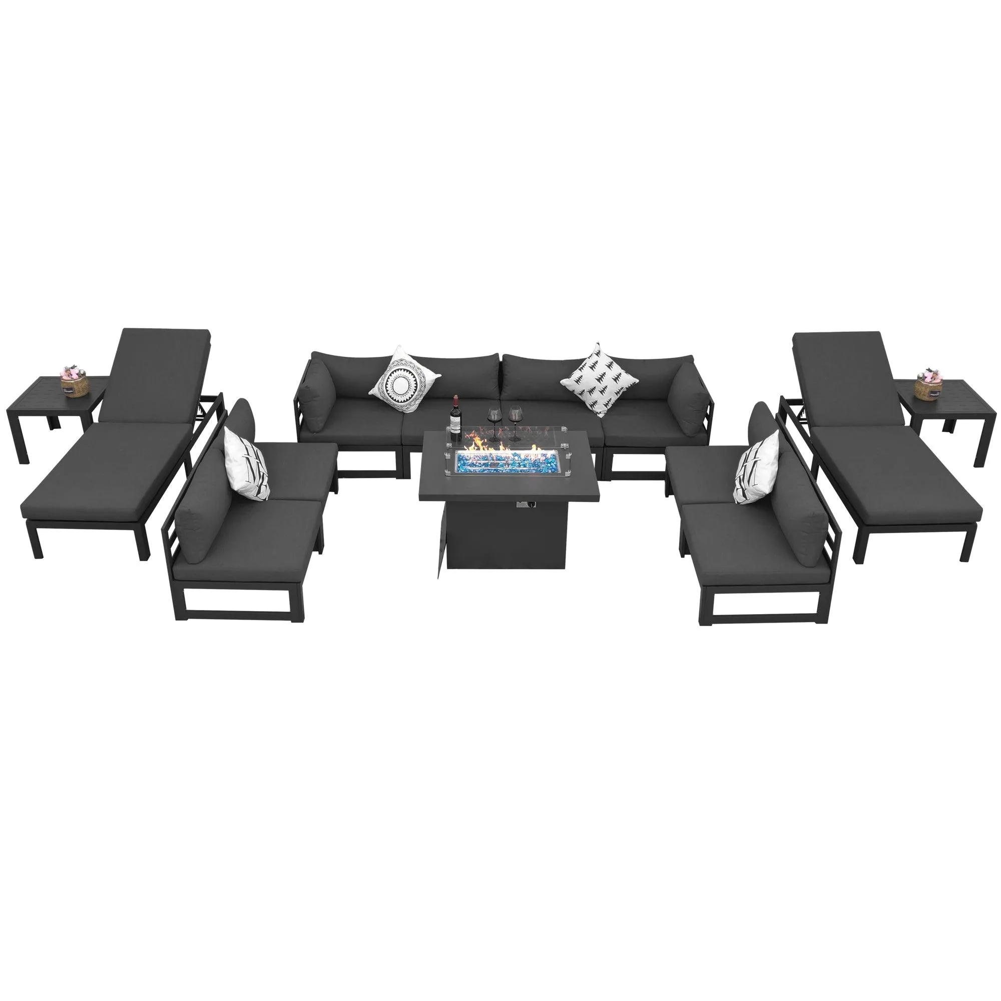 NICESOUL Aluminum Patio Sofa with Fire Pit, Chaise Lounge, Table 10 Seater 13-Piece