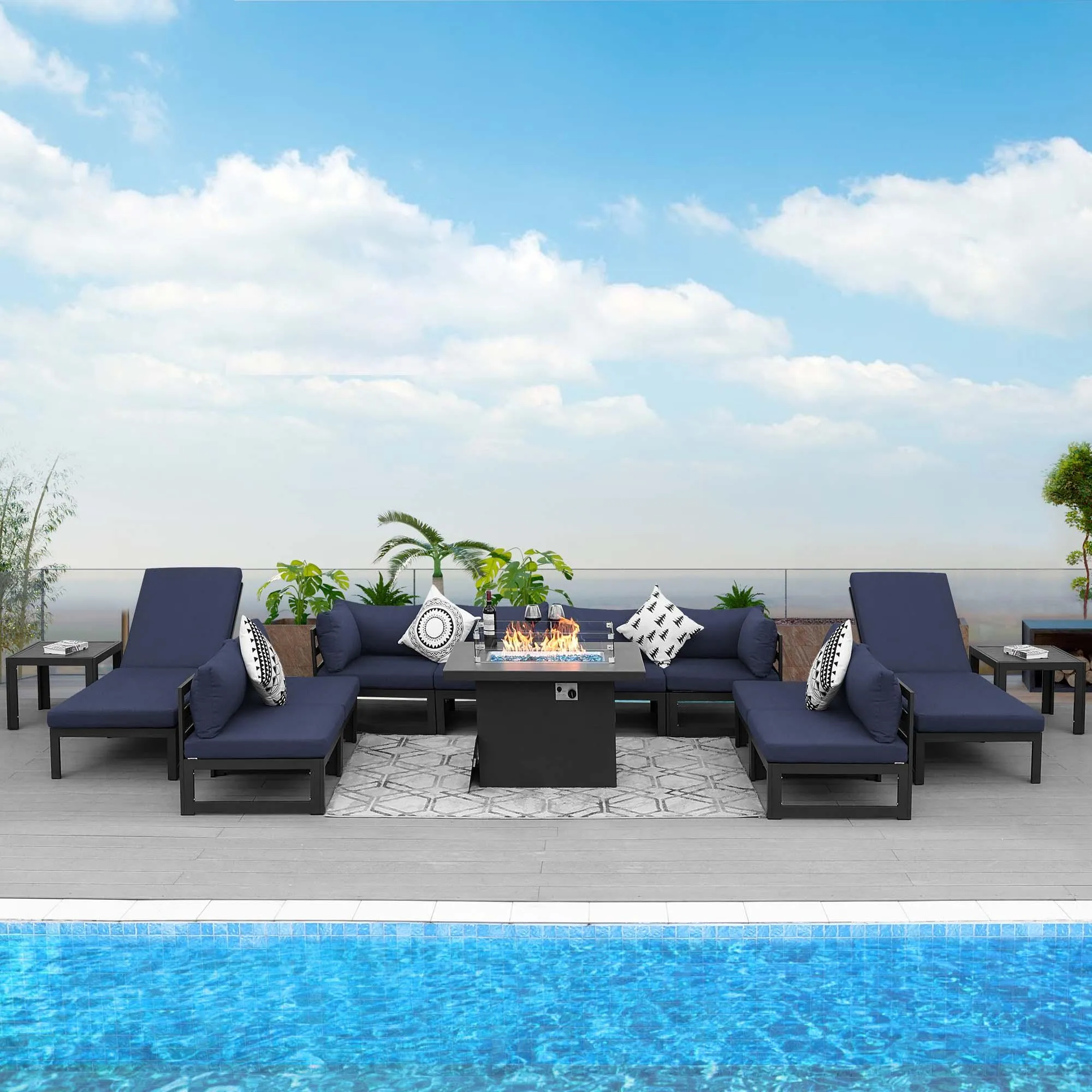 NICESOUL Aluminum Patio Sofa with Fire Pit, Chaise Lounge, Table 10 Seater 13-Piece