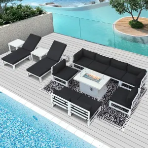 NICESOUL Aluminum Patio Sofa with Fire Pit, Chaise Lounge, Table 10 Seater 13-Piece
