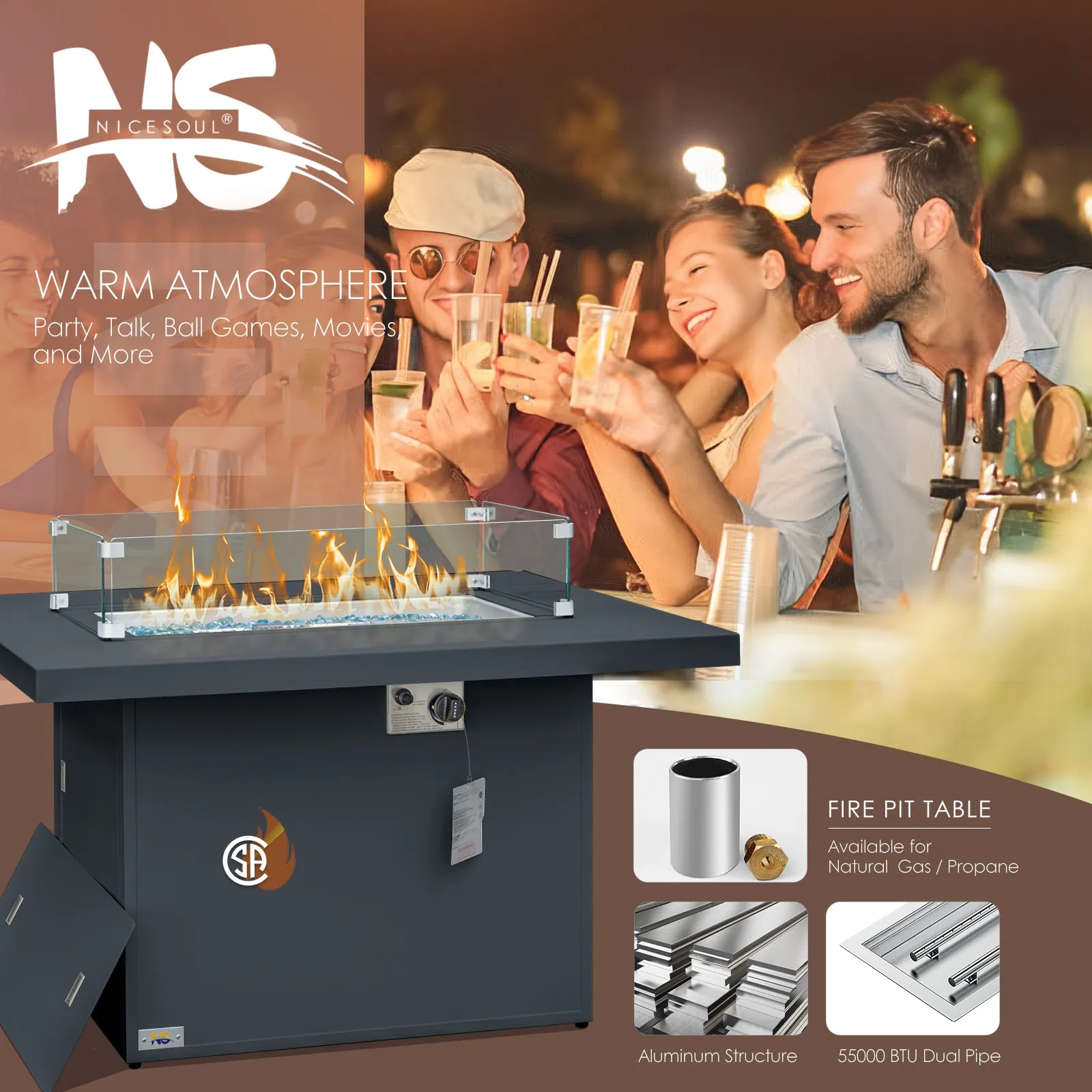 NICESOUOL Patio Aluminum Fire Pit Table