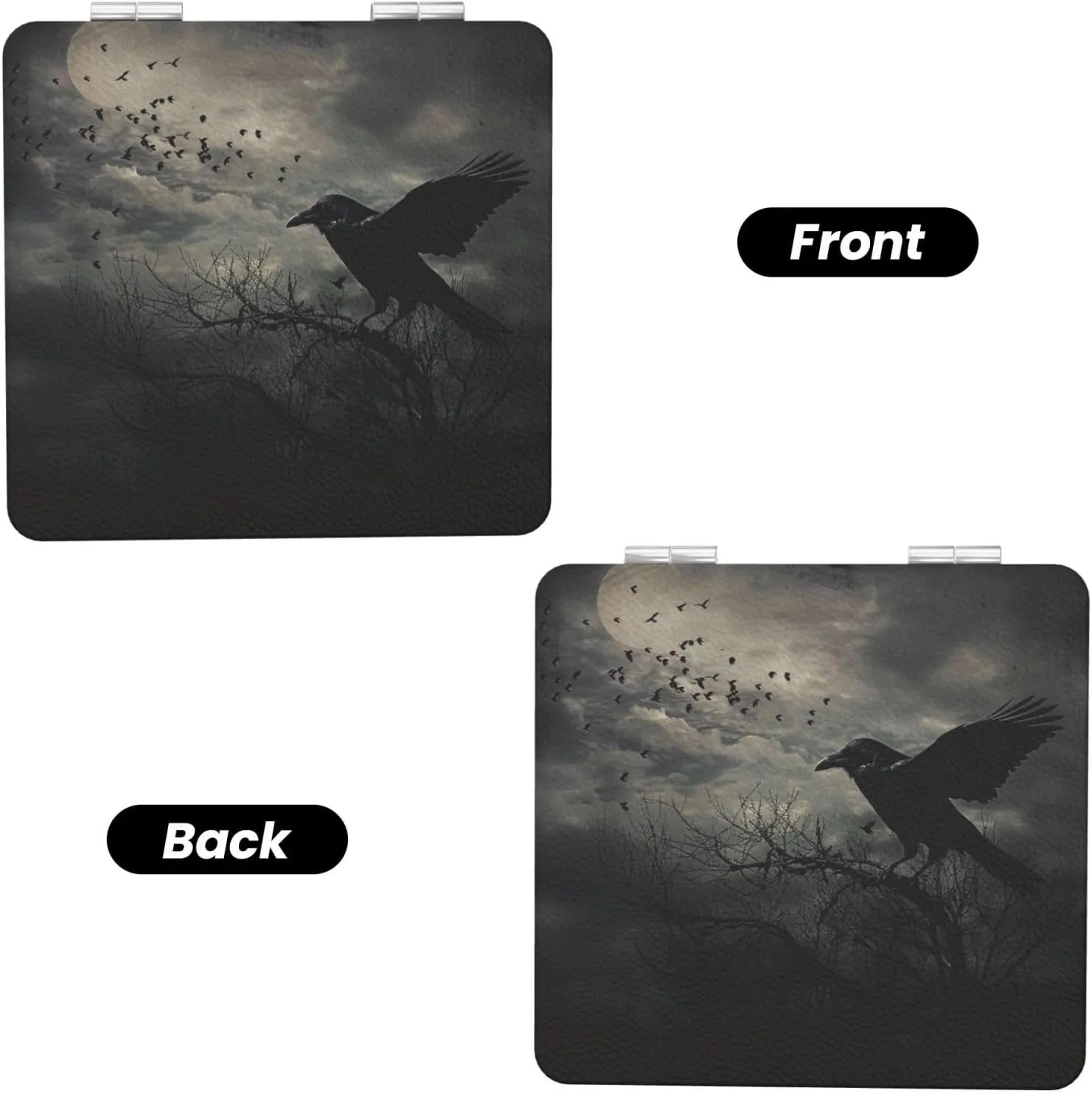 Night Crow Printed Square Pocket Makeup Mirror with 1X/2X Magnification, Portable Mini Travel Makeup Mirror for Travel Daily Work Beauty