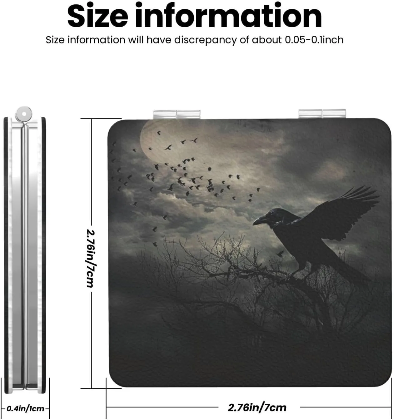 Night Crow Printed Square Pocket Makeup Mirror with 1X/2X Magnification, Portable Mini Travel Makeup Mirror for Travel Daily Work Beauty