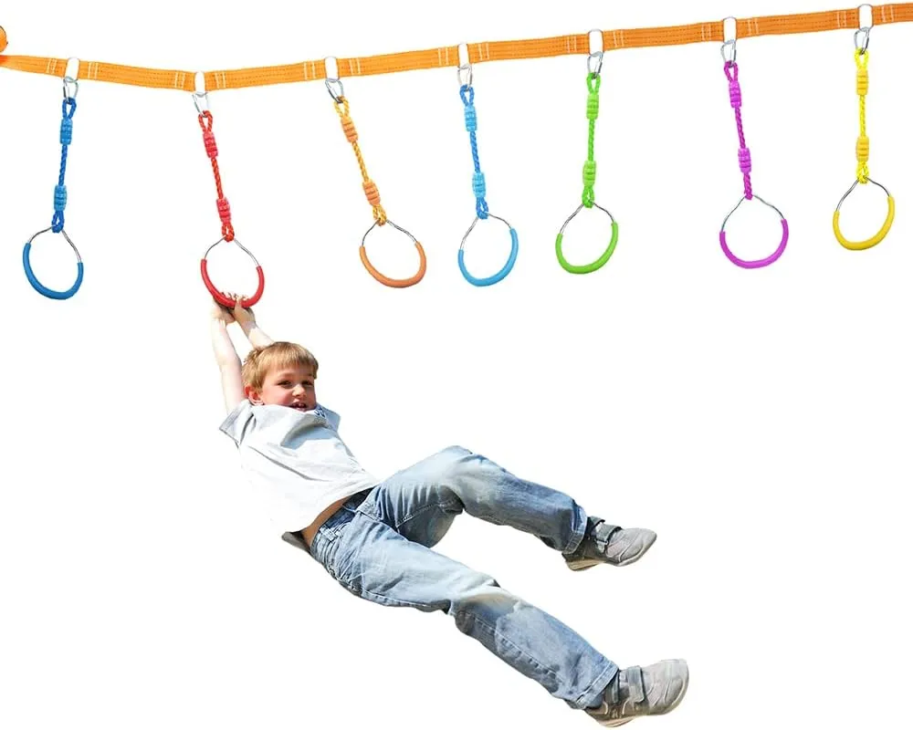 Ninja Jungle Ring Warrior Obstacle Course Trapeze Climbing Fist Kids Boys Adults Swing Playset, 2 Green Fitness Gymnastic Rings Hanging Monkey Bars Outdoor Backyard Playground Gym Training Equipment